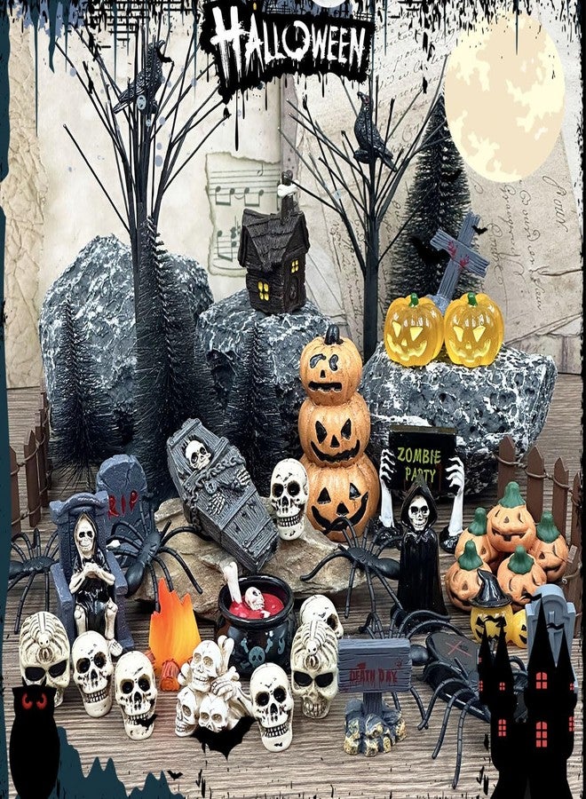 Suartus Halloween Village Accessories Ornaments - 46Pcs Miniature Pumpkin Skeleton Tombstones Spider Pinetrees Figurines Resin Horror Village Mini Halloween Figurines for Hallowmas Town Party Decor - Image 2